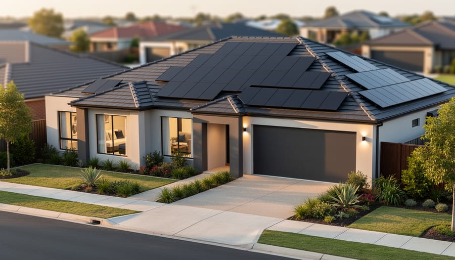 Modern suburban home with aesthetically integrated black solar panels on roof