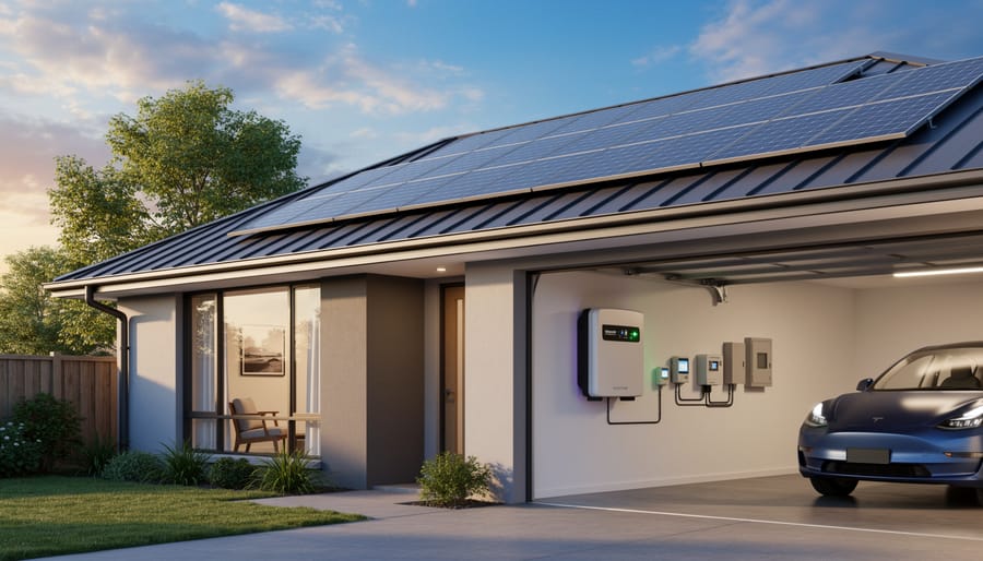 Modern home with rooftop solar panel installation during sunset