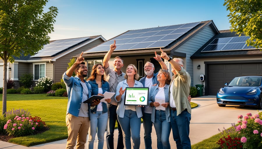 Family standing proudly in front of their home with solar panels on the roof