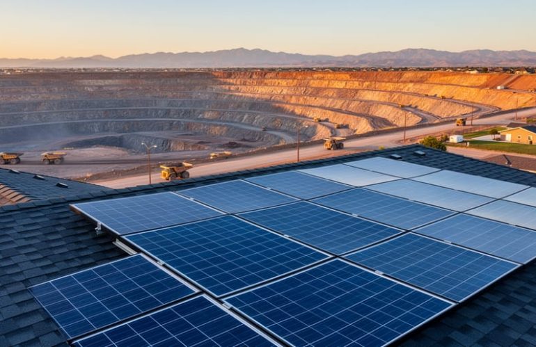Rooftop solar panels in the foreground with a distant open-pit mine, mountains, and a small rural settlement at golden hour, suggesting how home solar connects to mining that can affect indigenous lands.