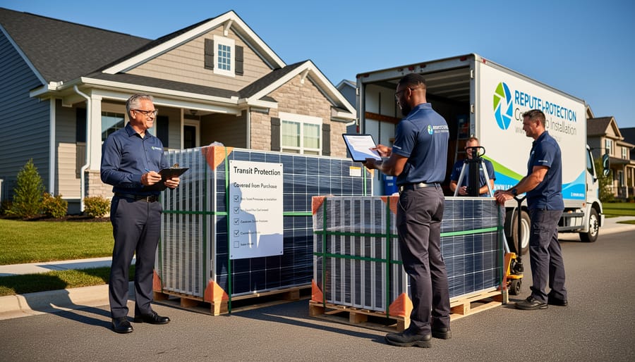 Homeowner and solar installer shaking hands with solar panels on residential roof in background
