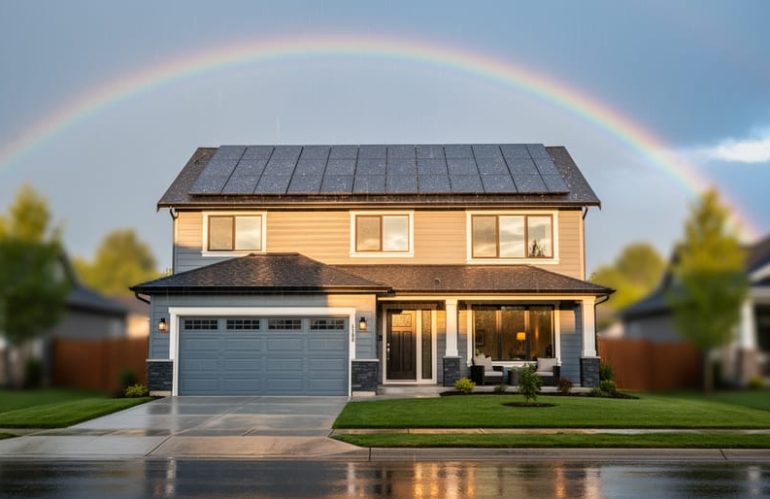Low-angle view of a suburban house with rooftop solar panels wet from rain, storm clouds clearing and sunlight breaking through, with a softly blurred neighborhood in the background.