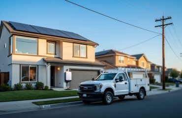 Suburban house with rooftop solar panels and a wall-mounted battery, a logo-free utility truck at the curb, and power poles stretching down the street at golden hour