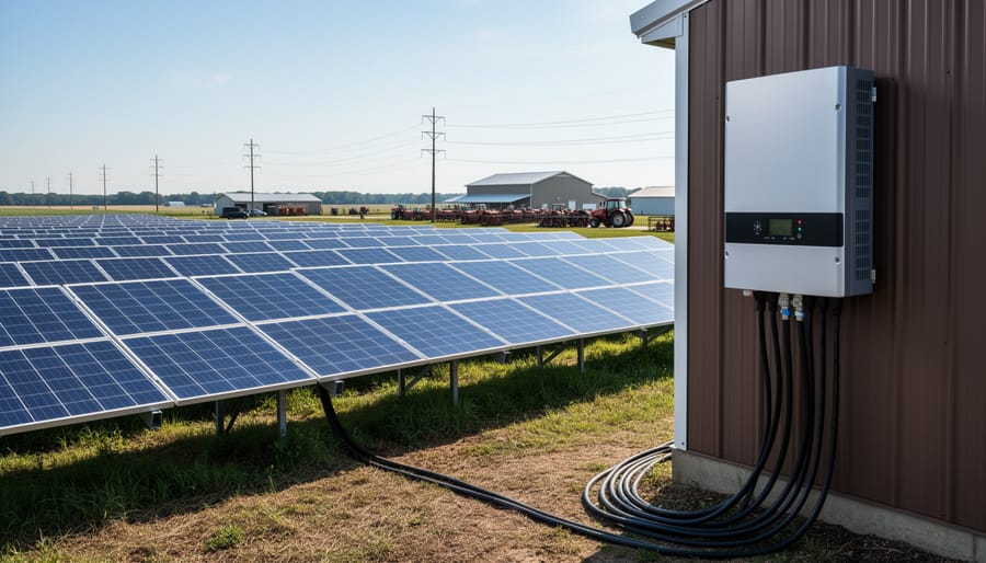 Close-up of solar inverter equipment cabinet with electrical connections at solar farm installation