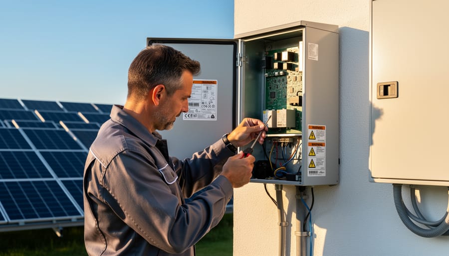 Technician performing maintenance on solar inverter equipment with diagnostic tools