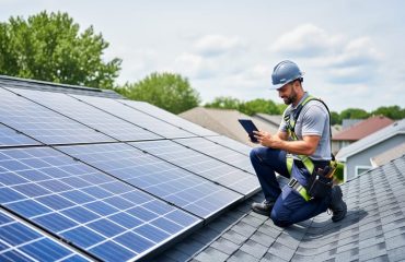 Technician kneels on a sloped suburban roof using a tablet to inspect blue solar panels, with nearby trees, neighboring rooftops, and an overcast sky in the background.