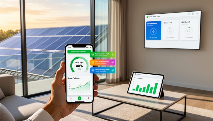 Smartphone showing solar panel monitoring app with residential solar installation visible in background
