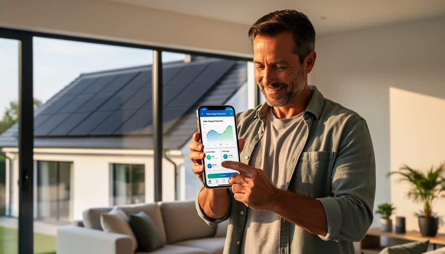 Homeowner holding smartphone with solar monitoring app in front of house with solar panels on roof