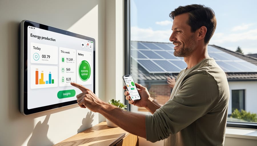 Homeowner viewing solar system monitoring app on smartphone in kitchen
