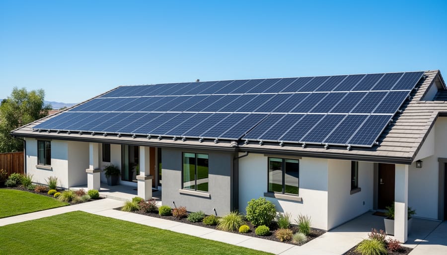 Aerial view of residential roof with multiple solar panels arranged in array formation