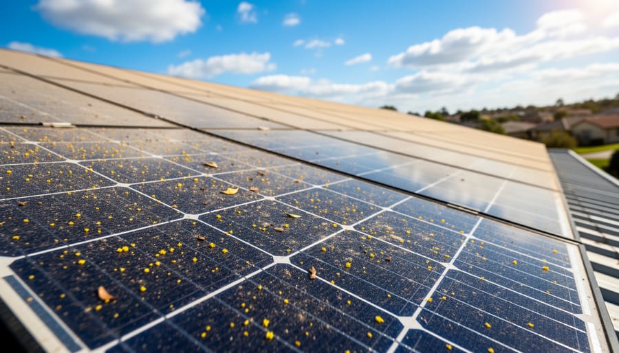 Solar panels on residential roof showing dirt and debris accumulation affecting performance