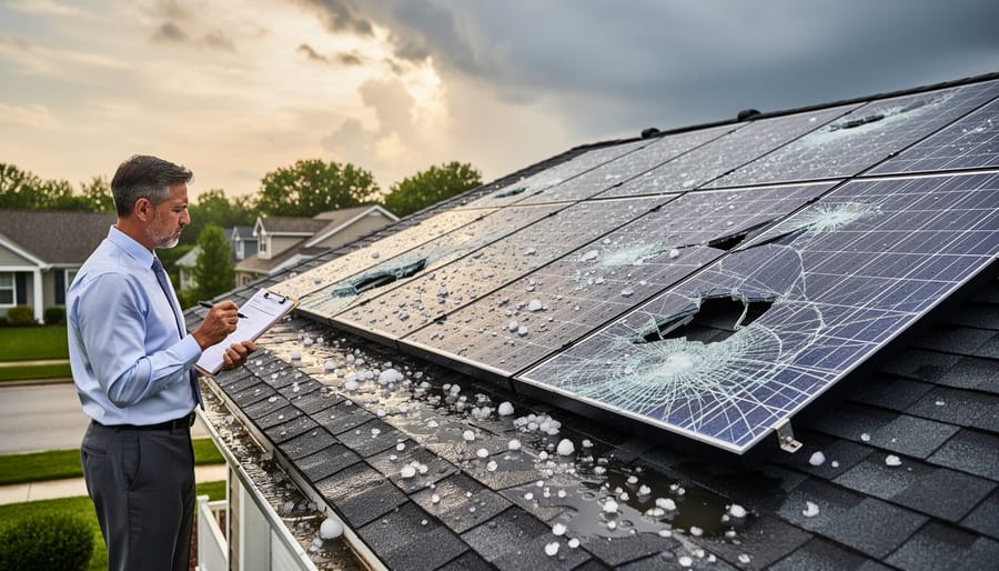 Damaged residential solar panels showing hail impact and cracks on home rooftop