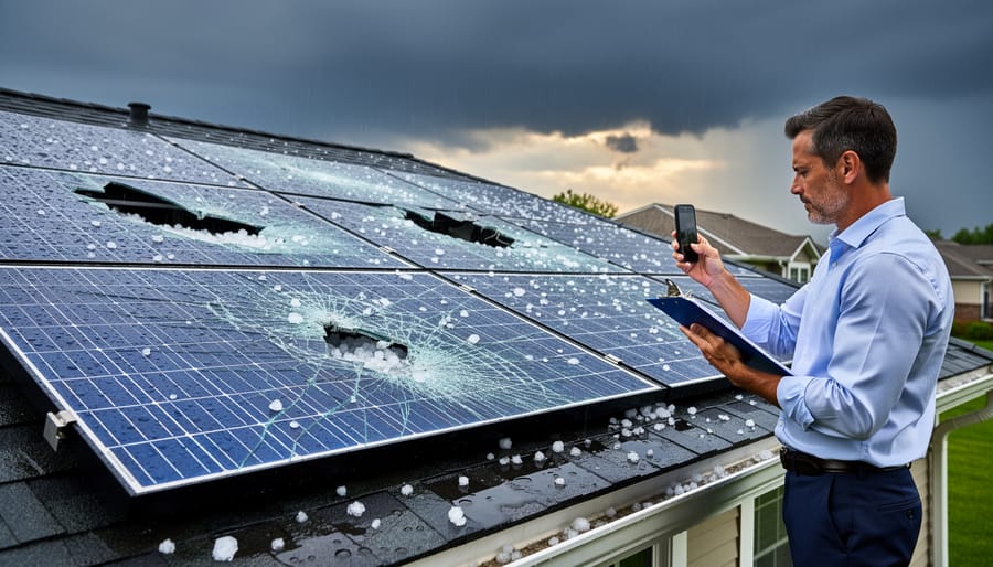 Close-up of hail damage on solar panel glass surface