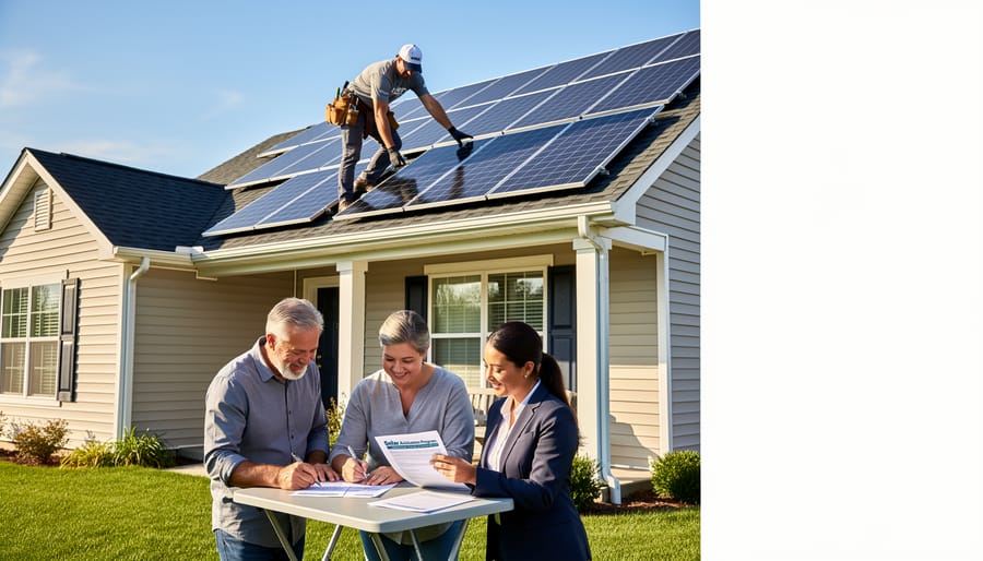 Solar technician installing blue solar panels on residential rooftop