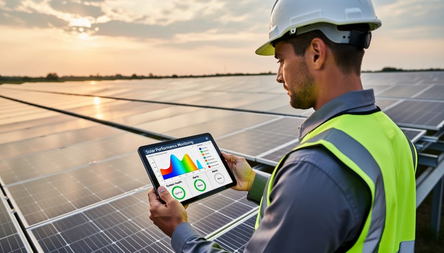 Technician with tablet inspecting residential solar panels on rooftop
