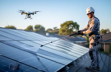 Technician cleaning rooftop solar panels with a water-fed pole as a small inspection drone hovers nearby, with sunlit suburban homes and trees softly blurred in the background.