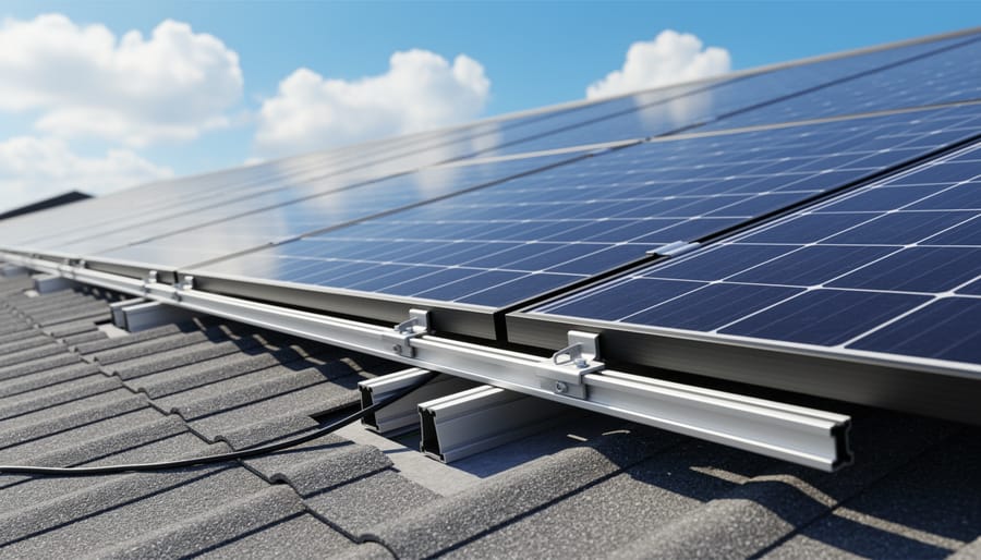 Solar panels mounted on residential roof with visible ventilation gaps between panels and roof surface
