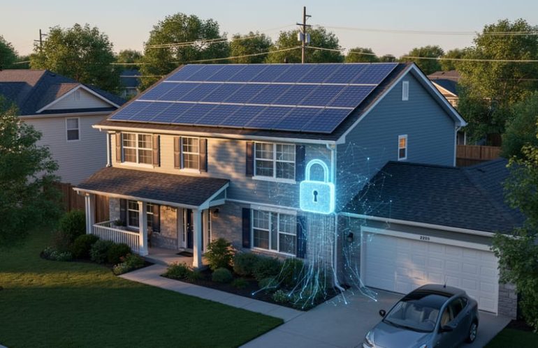 Residential rooftop solar panels on a suburban home with a faint holographic padlock and network lines overlay at golden hour, symbolizing secure solar monitoring and home network protection.