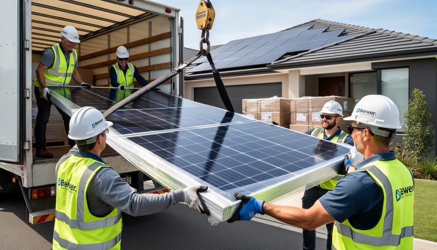 Worker unloading protected solar panel packages from delivery truck