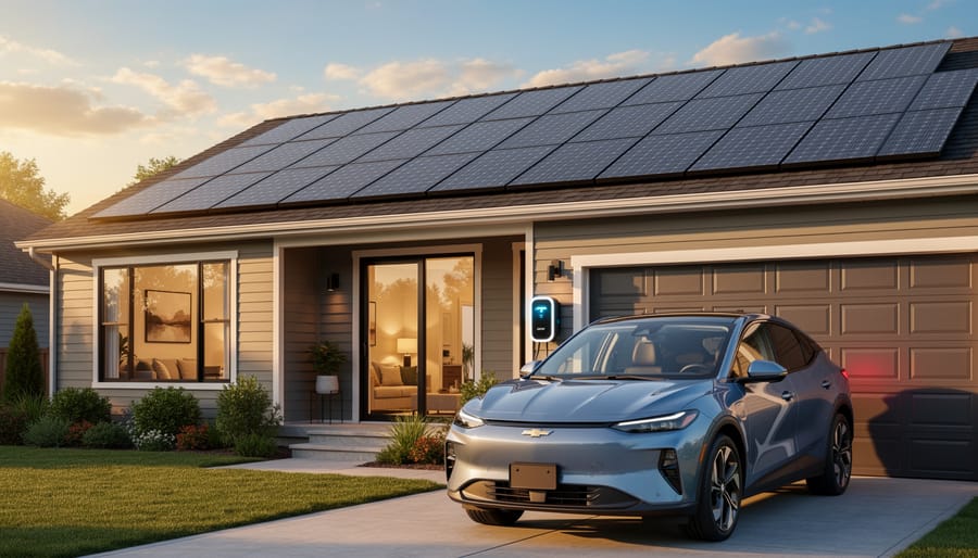 Solar panels on residential roof with GM electric vehicle parked in driveway below