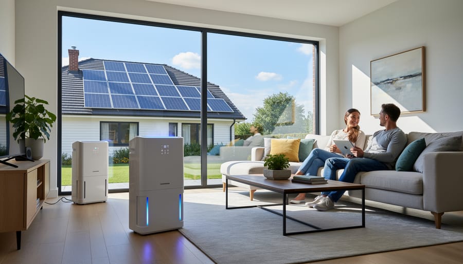 Home with solar panels on roof and dehumidifier system on patio