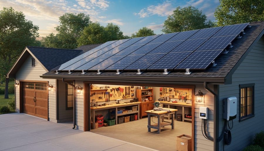 Well-lit garage workshop powered by solar panels with tools and workbench