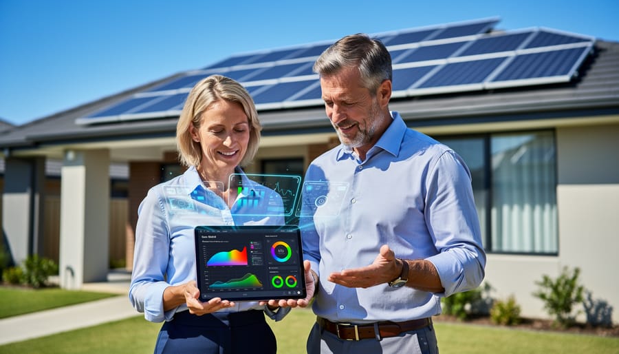 Professional solar installer inspecting rooftop solar panel installation with digital tablet