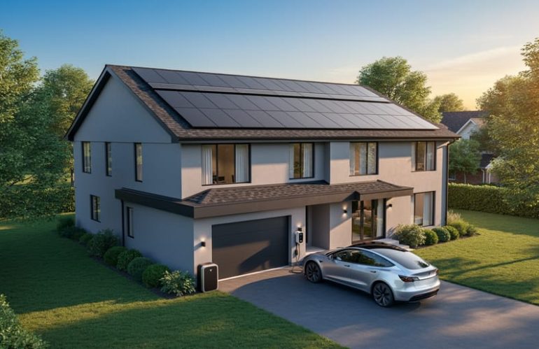 Elevated 45-degree view of a modern home with black rooftop solar panels and a clear maintenance walkway, in warm late-afternoon light, with an electric vehicle charging in the driveway and a wall-mounted home battery by the garage, trees casting gentle shade patterns.