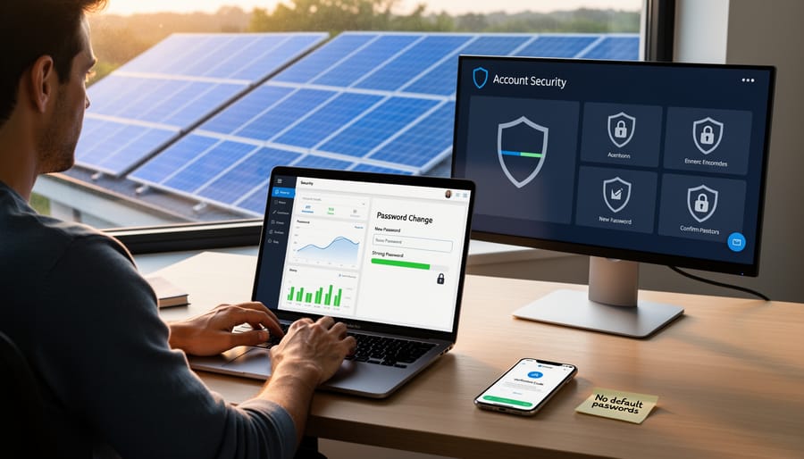Person creating secure password on laptop with solar monitoring app visible on smartphone