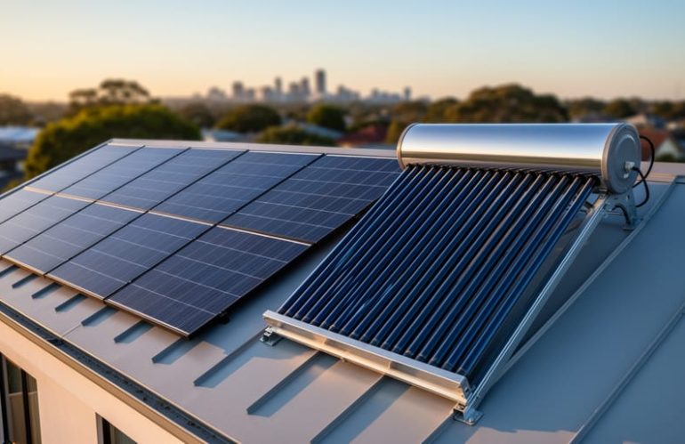 Rooftop photovoltaic panels next to a solar thermal evacuated-tube collector at golden hour, with soft suburban skyline blurred in the background.
