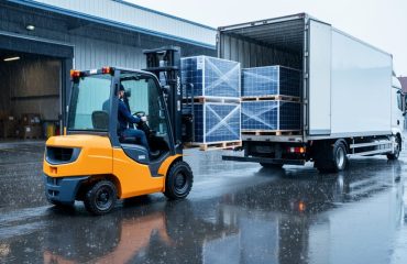 Forklift loading shrink-wrapped pallets of solar panels into a box truck at a wet logistics dock with stacked containers and a warehouse bay in the background under overcast skies.