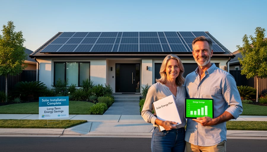 Modern home with completed solar panel installation on roof against blue sky