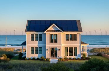 Coastal single-family home with rooftop solar panels at sunset, Atlantic ocean in the background with a line of offshore wind turbines, soft dunes and faint transmission lines under warm light.