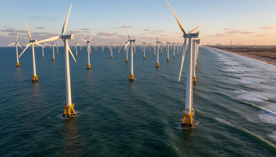 Aerial view of offshore wind turbines in Virginia's Atlantic coastal waters