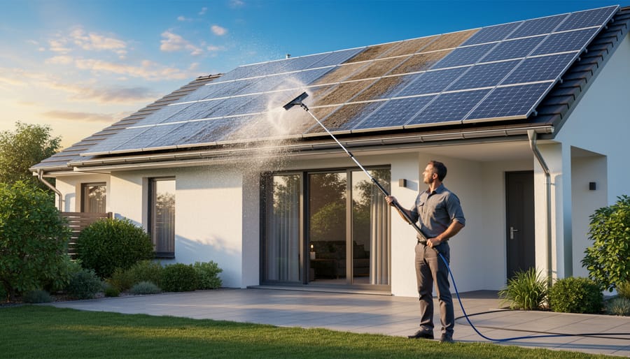 Homeowner safely cleaning rooftop solar panels from ground using water-fed telescopic pole