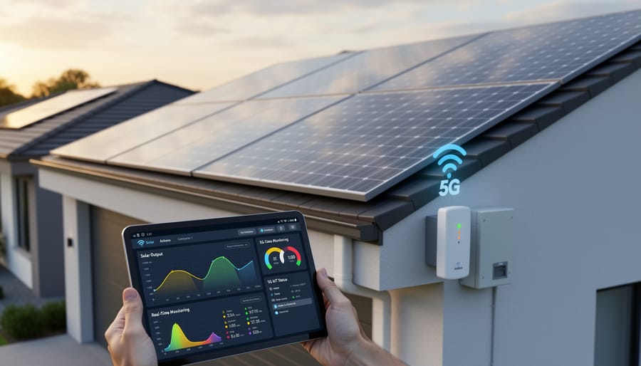 Close-up of 5G IoT monitoring device installed on residential solar panel