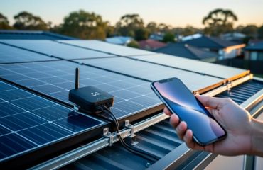Rooftop solar panels on a suburban home with a small 5G IoT monitoring module attached, and a person in the foreground holding a smartphone; neighborhood softly blurred under warm evening light.