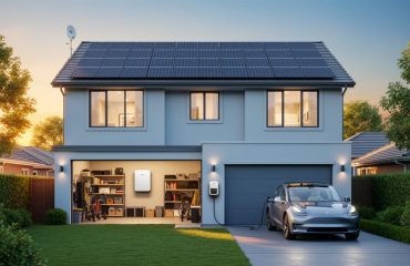 Contemporary home exterior with rooftop solar panels, an electric car charging in the driveway, a wall-mounted battery visible in the open garage, and a small 5G receiver on the eave at golden hour.