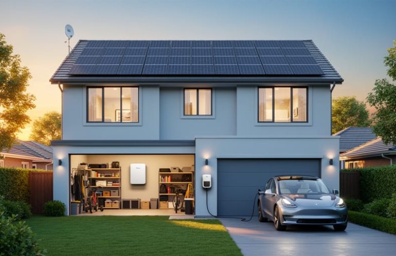 Contemporary home exterior with rooftop solar panels, an electric car charging in the driveway, a wall-mounted battery visible in the open garage, and a small 5G receiver on the eave at golden hour.