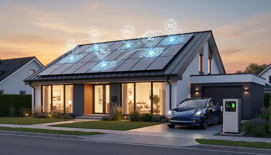Modern suburban home with solar panels on roof and 5G infrastructure visible nearby