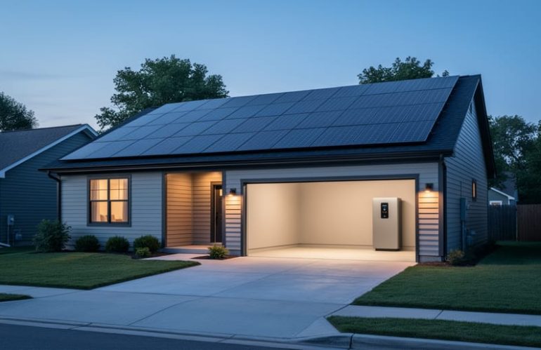Modern suburban house at dusk with rooftop solar panels and a wall-mounted home battery visible in an open garage, warm interior lights glowing, with trees and distant utility poles softly receding in the background.