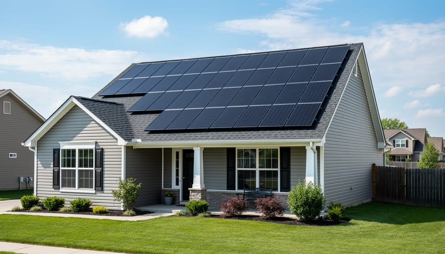 Residential home with solar panel array installed on roof