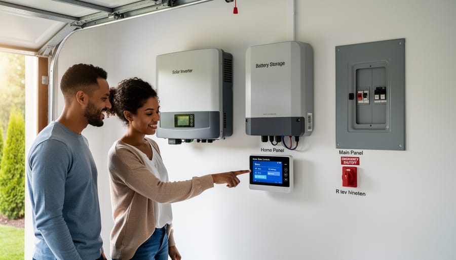 Solar inverter mounted at accessible height with clear emergency shutoff switch on home exterior