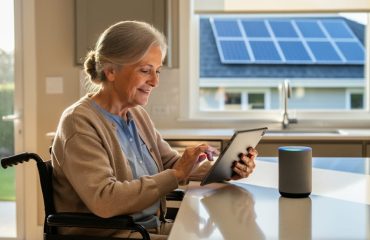 Senior woman in a wheelchair uses a tablet beside a smart speaker in her kitchen, morning light streaming in and rooftop solar panels visible through the window.