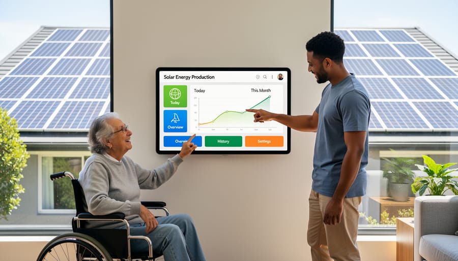 Senior woman using tablet to monitor solar panel system from her kitchen