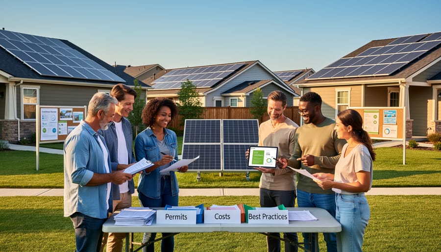 Aerial view of residential neighborhood showing multiple homes with solar panel installations