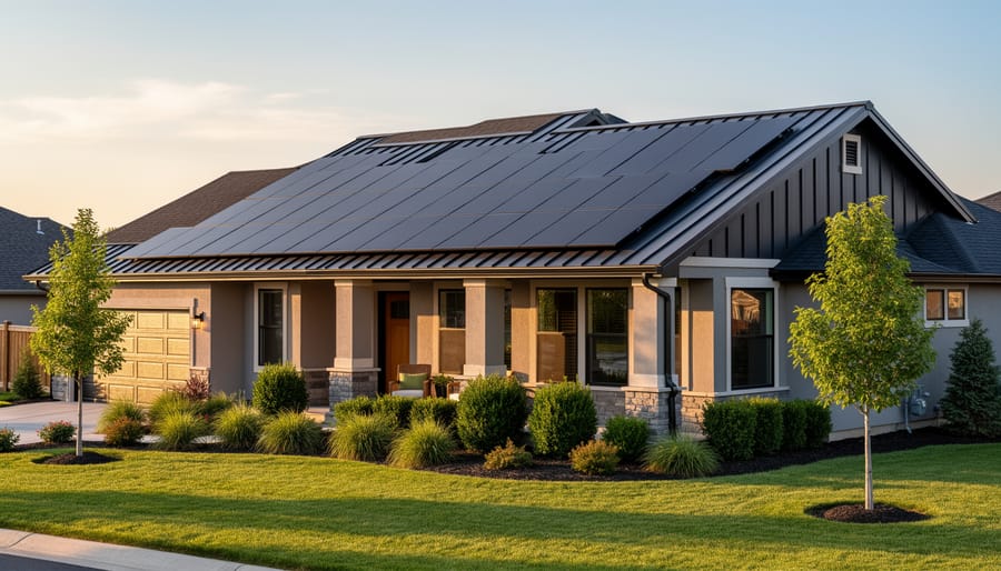 Attractive residential home with sleek solar panel installation on roof and landscaped yard