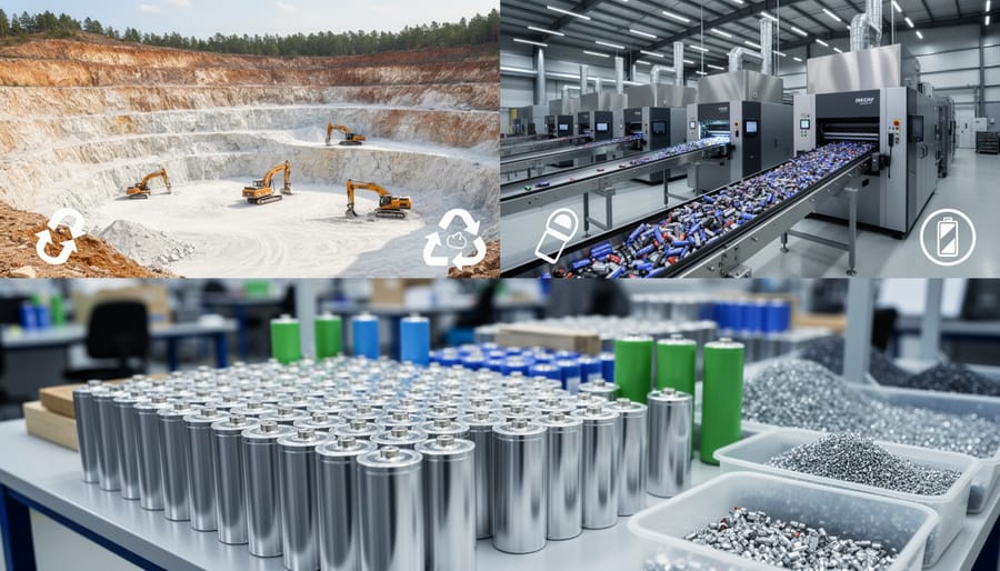 Close-up of lithium battery components and raw materials used in solar storage systems