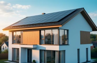 Modern two-story home with integrated solar roof shingles and semi-transparent solar windows at golden hour, roof and windows in sharp focus with softly blurred trees and rooftops in the background