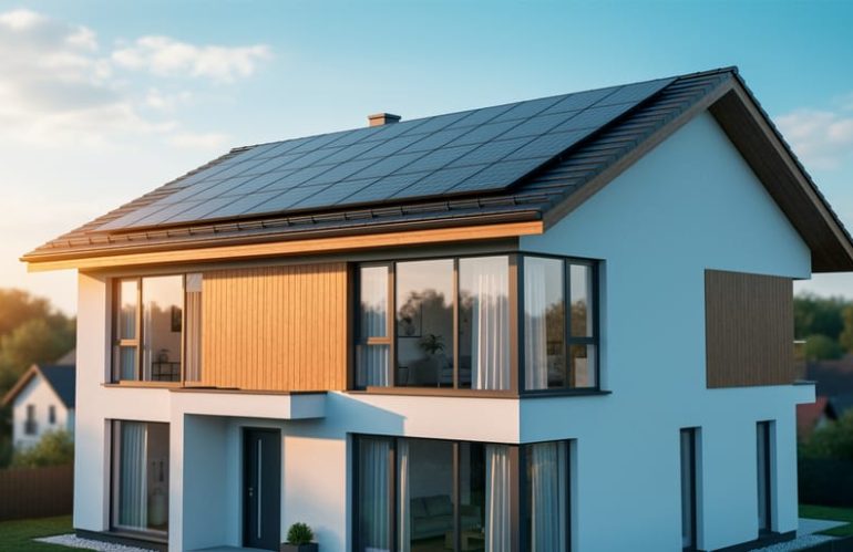 Modern two-story home with integrated solar roof shingles and semi-transparent solar windows at golden hour, roof and windows in sharp focus with softly blurred trees and rooftops in the background